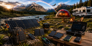 Camping, RV, and glamping power essentials displayed at a scenic mountain campsite featuring solar lanterns, rechargeable camp lights, portable fans, power stations, RV accessories, and outdoor lighting. A red-and-blue glamping dome, RV camper, river, rainbow, and alpine peaks create a beautiful off-grid adventure setting.