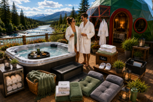 Couple relaxing beside a luxury outdoor hot tub with plush towels, spa robes, slippers, heated towel warmer, seat cushions, cozy blankets, and comfort accessories on a glamping deck overlooking a scenic river valley and mountain landscape.