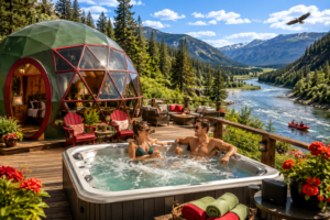 Couple relaxing in a bubbling outdoor hot tub on a wooden deck beside a green and red glamping dome overlooking a scenic river valley, mountains, forest, and rafting adventure on a sunny day.