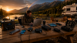 Outdoor remote workspace beside a mountain river at sunset featuring a man using a laptop, portable power station, power banks, charging hubs, and travel electronics. An RV camper, campfire, forest, mountains, and rainbow create a scenic camping and glamping backdrop.