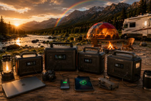 Portable power stations powering a laptop, camera, drone, smartphone, and tablet at a scenic riverside campsite with a glowing red-and-blue glamping dome, RV camper, mountain views, campfire, and rainbow overhead.