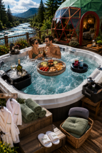 Couple relaxing in a luxury outdoor hot tub with floating snack trays, beverage holders, spa accessories, plush towels, robes, slippers, and comfort cushions beside a green and red glamping dome overlooking a scenic mountain river valley.