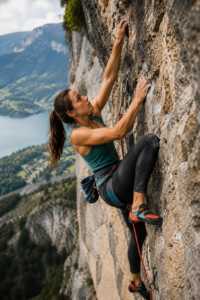 Rock climber wearing performance climbing shoes ascending a steep cliff face above a scenic mountain valley and lake while secured with climbing rope and safety gear.