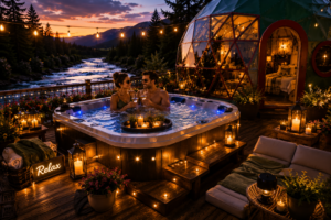 Couple relaxing in a luxury outdoor hot tub surrounded by glowing lanterns, string lights, LED pathway lighting, and ambient spa lighting beside a green and red glamping dome overlooking a scenic river valley at sunset.