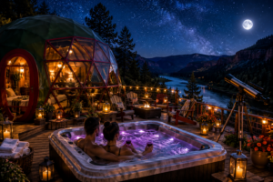 Couple relaxing in a glowing outdoor hot tub beside a green and red glamping dome under a star-filled sky with a telescope, lanterns, moonlit river valley, and mountain scenery.