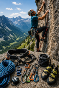 Rock climbing gear including ropes, harness, carabiners, belay device, chalk bag, and climbing shoes displayed beside a climber ascending a steep mountain cliff.