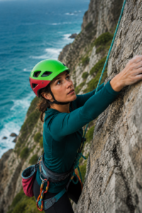 Rock climber wearing a green and red safety helmet scaling a steep cliff face above the ocean, secured with climbing rope, harness, and professional climbing gear.