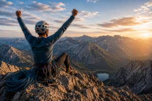 Rock climber sitting on a mountain summit at sunrise with climbing gear, helmet, rope, and harness overlooking a dramatic alpine landscape and valley below.