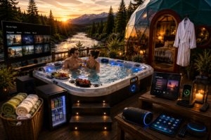 Couple relaxing in a luxury outdoor hot tub beside a green and red glamping dome with waterproof speakers, entertainment devices, charging stations, ambient lighting, and scenic river and mountain views at sunset.