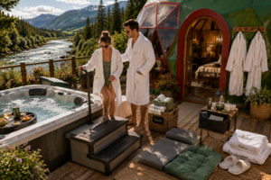 Luxury outdoor hot tub with spa steps, adjustable headrests, plush towels, robes, slippers, and comfort accessories beside a green and red glamping dome overlooking a scenic river valley and mountain landscape.