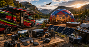 Wide outdoor adventure scene featuring a red and black RV with green stripes parked beside a river and a red and blue glamping dome. Solar panels, portable power stations, cameras, drones, a laptop, hot tub, grill, telescope, and camping gear are displayed in a scenic mountain valley at sunset.