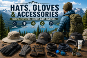 Wide outdoor adventure image featuring hiking hats, winter beanies, insulated gloves, neck gaiters, sunglasses, sunscreen, and outdoor accessories displayed beside a scenic alpine lake with rugged mountain peaks. A backpacker overlooks the landscape, highlighting essential apparel and accessories for hiking, camping, backpacking, RV travel, and year-round outdoor adventures.