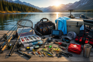 Wide hero image featuring premium fishing gear and accessories displayed beside a scenic mountain lake, including fishing rods, reels, tackle boxes, lures, fish finder, landing net, cooler, life jacket, first aid kit, and outdoor essentials for freshwater and saltwater fishing adventures.