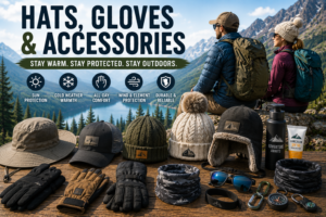 Wide outdoor adventure image featuring hiking hats, insulated gloves, winter beanies, neck gaiters, sunglasses, sunscreen, carabiners, and outdoor accessories displayed beside a breathtaking alpine lake with snow-capped mountains. Two backpackers overlook the scenic landscape, highlighting essential apparel and accessories for hiking, camping, backpacking, RV travel, fishing, and year-round outdoor adventures.