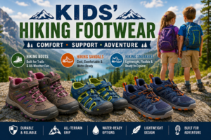 🌈☀️🥾 Ultimate Hiking Footwear Guide: 50 Best Hiking Boots, Sandals & Sneakers for Every Adventure🌲🏔️ 5 Kids' hiking footwear featuring children's hiking boots, hiking sandals, and trail sneakers displayed on a scenic mountain overlook with alpine peaks, evergreen forests, and a lake, designed for hiking, camping, family adventures, and outdoor exploration.