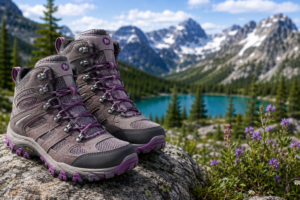 🌈☀️🥾 Ultimate Hiking Footwear Guide: 50 Best Hiking Boots, Sandals & Sneakers for Every Adventure🌲🏔️ 2 Women's hiking boots displayed on a mountain overlook with an alpine lake, rugged peaks, evergreen forests, and wildflowers, highlighting durable outdoor footwear for hiking, backpacking, camping, and trail adventures.