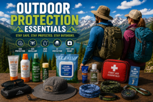 Wide outdoor adventure image featuring essential outdoor protection gear displayed beside a scenic alpine lake and mountain landscape. The gear includes sunscreen, SPF lip balm, insect repellent, cooling wipes, hand sanitizer, first aid kit, blister care supplies, sunglasses, sun hat, neck gaiters, compass, and emergency accessories designed for hiking, camping, backpacking, RV travel, fishing, and outdoor adventures.