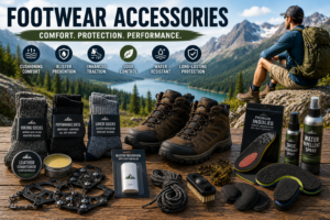 Wide outdoor adventure image featuring hiking boots and footwear accessories displayed beside a scenic alpine lake and mountain landscape. The gear includes hiking socks, performance insoles, boot laces, gaiters, traction cleats, blister prevention products, leather conditioner, waterproofing spray, shoe deodorizer, and boot care accessories designed for hiking, camping, backpacking, and outdoor adventures.