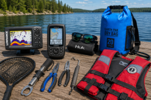 Essential fishing electronics and safety gear displayed on a wooden dock beside a scenic mountain lake, featuring a fish finder, GPS navigation unit, polarized sunglasses, waterproof dry bag, Coast Guard-approved life jacket, and fishing tools for freshwater and saltwater adventures.
