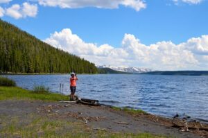 The Ultimate Yellowstone National Park Guide: Valleys, Lakes, Yellowstone River & waterfalls 8 Visitor using binoculars along the shoreline of Yellowstone Lake with evergreen forests, snow-capped mountains, and clear blue skies in Yellowstone National Park.