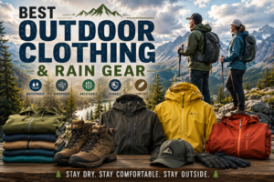 Wide outdoor adventure banner featuring premium waterproof clothing and rain gear displayed against a breathtaking mountain landscape with hikers overlooking alpine peaks, forests, and a scenic lake. Jackets, hiking boots, gloves, and outdoor apparel highlight essential gear for hiking, camping, backpacking, RV travel, and all-weather adventures.