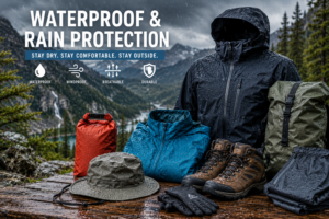 Waterproof outdoor clothing and rain protection gear displayed on a wooden table during a mountain rainstorm, featuring waterproof rain jackets, hiking boots, dry bags, rain pants, gloves, and a waterproof hat against a dramatic alpine landscape with mist, waterfalls, and dark storm clouds.