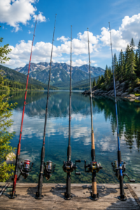 Five premium fishing rods and reels displayed on a wooden dock overlooking a crystal-clear mountain lake, surrounded by evergreen forests, towering mountain peaks, and calm reflective waters, creating the perfect setting for freshwater fishing adventures.
