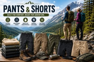 Tall outdoor adventure image featuring hiking pants, cargo pants, performance shorts, and trail apparel displayed with hiking boots and outdoor accessories beside hikers overlooking a scenic mountain lake surrounded by forests and rugged alpine peaks. The clothing highlights lightweight, breathable, quick-dry apparel designed for hiking, camping, backpacking, and outdoor adventures.