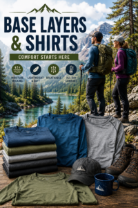 Tall outdoor adventure image featuring moisture-wicking base layers and performance shirts displayed beside hiking boots and outdoor gear, with two hikers overlooking a scenic mountain lake surrounded by forests and alpine peaks. The apparel highlights lightweight, breathable clothing designed for hiking, camping, backpacking, RV travel, and year-round outdoor adventures.