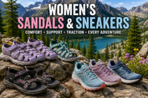 🌈☀️🥾 Ultimate Hiking Footwear Guide: 50 Best Hiking Boots, Sandals & Sneakers for Every Adventure🌲🏔️ 3 Women's hiking sandals and trail sneakers displayed on a scenic mountain overlook with an alpine lake, rugged peaks, evergreen forests, and wildflowers, showcasing comfortable outdoor footwear for hiking, camping, travel, and everyday adventures.