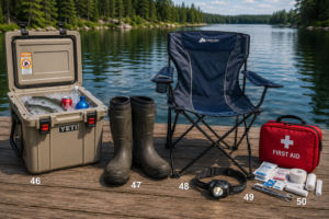 Essential fishing comfort and safety gear displayed on a wooden dock beside a peaceful mountain lake, featuring an insulated cooler, waterproof fishing boots, folding camp chair, headlamp, and first aid kit for freshwater and saltwater fishing adventures.