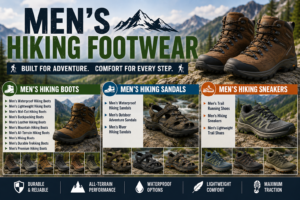 🌈☀️🥾 Ultimate Hiking Footwear Guide: 50 Best Hiking Boots, Sandals & Sneakers for Every Adventure🌲🏔️ 4 Men's hiking footwear guide featuring hiking boots, waterproof boots, backpacking boots, hiking sandals, trail running shoes, and hiking sneakers displayed in a scenic mountain landscape for outdoor adventures, camping, backpacking, and hiking.