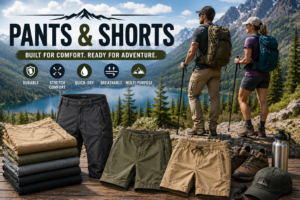 Wide outdoor adventure image featuring performance hiking pants, cargo pants, hiking shorts, and trail apparel displayed with hiking boots and outdoor accessories beside two hikers overlooking a crystal-clear alpine lake surrounded by forests and rugged mountain peaks. The clothing highlights breathable, quick-dry, stretch outdoor apparel built for hiking, camping, backpacking, and adventure travel.
