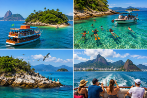 Four-image collage of island-hopping near Rio de Janeiro featuring a boat approaching a tropical island, travelers snorkeling in clear water, seabirds on rocky coastal formations, and passengers enjoying offshore views of Rio’s mountains and coastline.