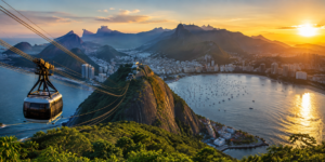 🚠 Sugarloaf Mountain & Urca – Trails, Beaches & Guanabara Bay 1 Panoramic view of Sugarloaf Mountain and Guanabara Bay in Rio de Janeiro, with a cable car crossing above the mountains and coastline at sunset.