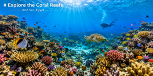 Colorful coral reefs in Egypt’s Red Sea with tropical fish, a sea turtle, scuba diver, and clear blue water.