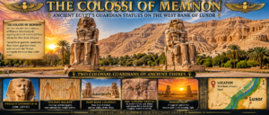 Colossi of Memnon on Luxor’s West Bank in Egypt, featuring two massive seated statues of Pharaoh Amenhotep III with desert mountains and palm trees in the background.