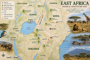 East Africa safari and adventure map showing Kenya, Tanzania, Uganda, Rwanda, national parks, lakes and major wildlife destinations