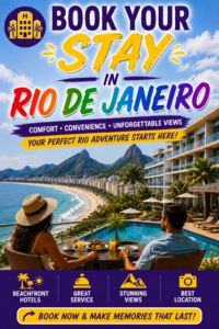 🏄 Rio De Janeiro Beach Adventures – Surfing, Swimming & Water Sports 18 Book Your Stay in Rio de Janeiro travel pin featuring a beachfront hotel, swimming pool, ocean views, mountains and travelers enjoying breakfast overlooking Rio’s coastline.