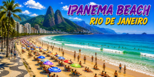 🏄 Rio De Janeiro Beach Adventures – Surfing, Swimming & Water Sports 6 Ipanema Beach in Rio de Janeiro with turquoise Atlantic water, golden sand, swimmers, colorful umbrellas, palm trees, beachfront buildings and dramatic green mountains.