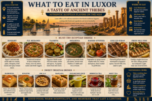 Egyptian food guide for Luxor featuring koshary, ful medames, taameya, molokhia, mahshi, grilled kebab, Nile fish, traditional desserts, and drinks beside the Nile River.