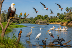 🌊 East Africa River Safaris – Wildlife, Boat Adventures & Scenic Waterways 11 East Africa river birdwatching scene featuring an African fish eagle, colorful kingfishers and bee-eaters, herons, egrets, pelicans, storks, cormorants, African skimmers, and a safari boat in the distance.