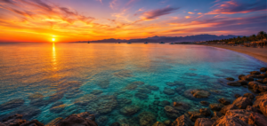 Sunrise over the Red Sea in Egypt with calm turquoise water, coral reefs, distant boats, desert mountains, and a palm-lined beach.