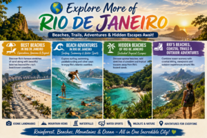 Explore More of Rio de Janeiro collage featuring famous beaches, surfing, swimming, hidden tropical beaches, coastal hiking trails, mountains and scenic ocean views.