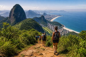 ⛰️ Pedra Bonita – Hiking, Mountain Views & Paragliding Above Rio 5 Hikers following a mountain trail toward the summit of Pedra Bonita with sweeping views of Rio de Janeiro’s mountains, coastline and Atlantic Ocean.