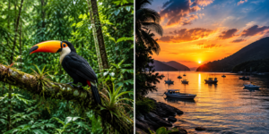 Toucan in Ilha Grande’s Atlantic rainforest above a tropical sunset with boats along the island coastline.