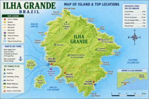 Detailed map of Ilha Grande, Brazil showing beaches, hiking trails, villages, boat routes, Pico do Papagaio and major island attractions.