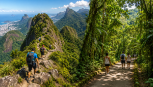 Hikers exploring Tijuca National Park, with a challenging mountain ridge representing the Circuit of the Peaks and an easier shaded rainforest trail representing Trilha dos Estudantes.