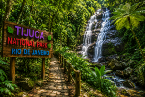 🚠 Sugarloaf Mountain & Urca – Trails, Beaches & Guanabara Bay 20 Tijuca National Park in Rio de Janeiro featuring a lush tropical rainforest trail, cascading waterfall and colorful park sign surrounded by dense green vegetation.