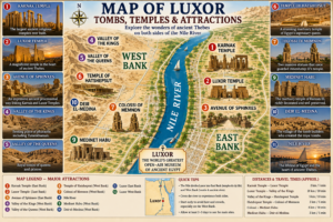 Illustrated map of Luxor, Egypt showing the Nile River, East Bank and West Bank, Karnak Temple, Luxor Temple, Avenue of Sphinxes, Valley of the Kings, Valley of the Queens, Temple of Hatshepsut, Colossi of Memnon, Medinat Habu, and Deir el-Medina.